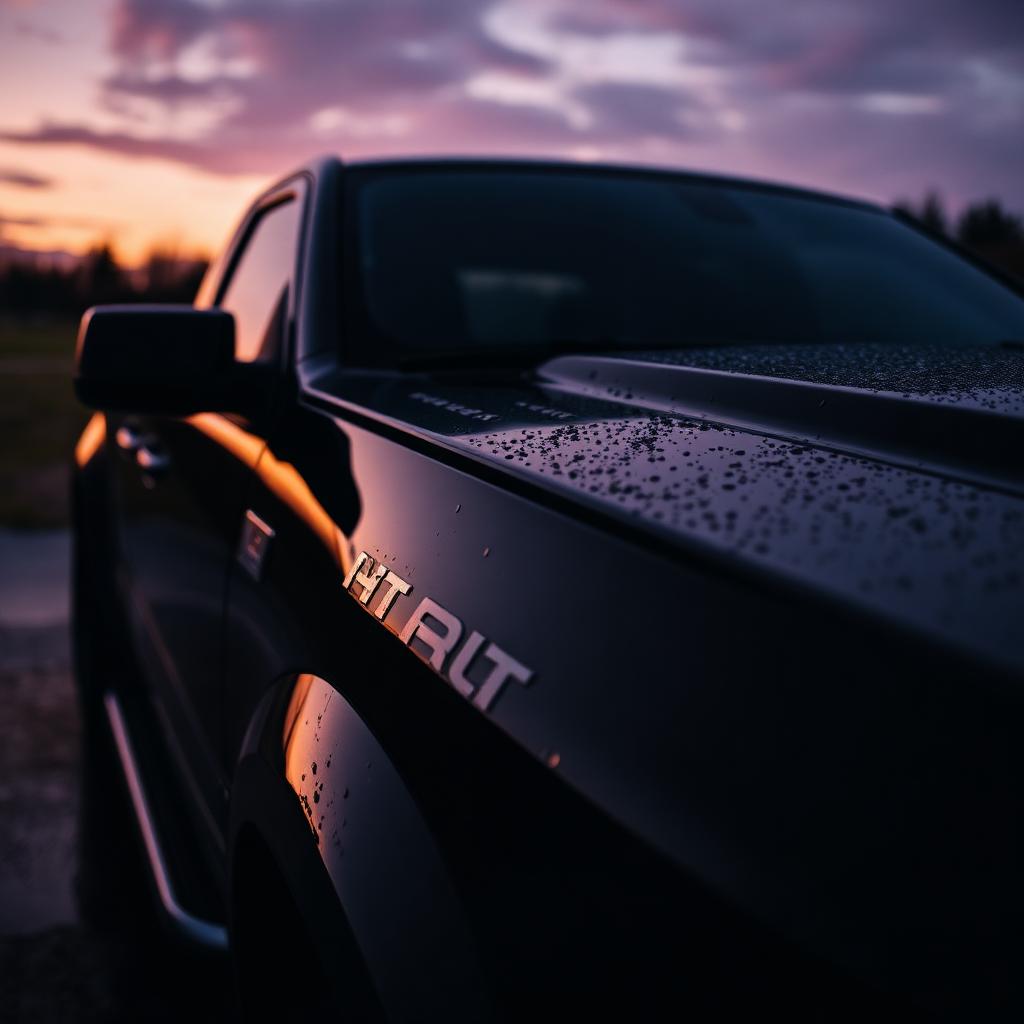 Detailed black pickup truck at sunset
