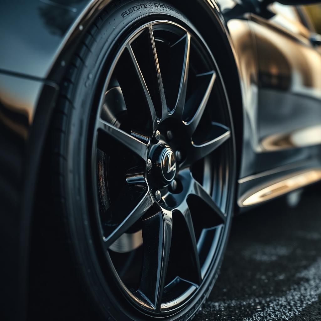 Polished clean alloy wheel with tire shine after detailing