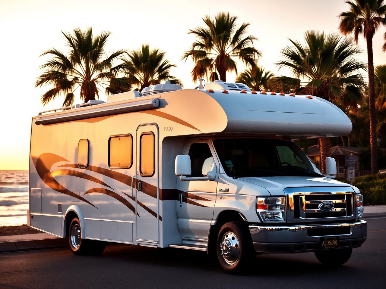 Clean detailed RV motorhome parked on the San Diego coast at sunset