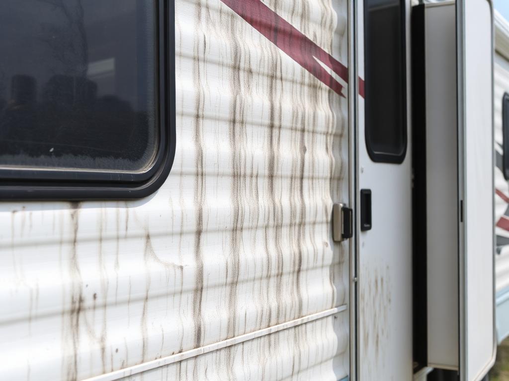 RV exterior with black streaks and grime before washing