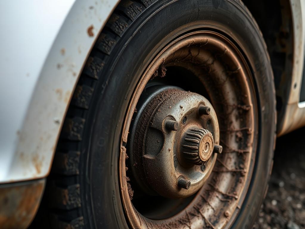 Wheel caked in brake dust and road grime before cleaning